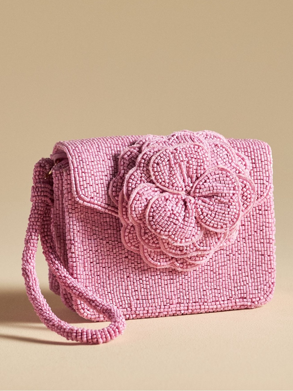 Anthropologie Pink Beaded Floral Crossbody Bag